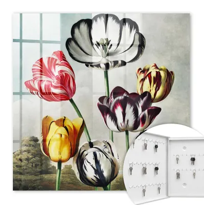 Produktbild von Metall Schlüsselkasten 30 x 30 cm - weißer Schlüsselschrank zur Wandmontage - wandhängende Schlüsselbox mit Tür - nach links öffnend - Schlüsselaufbewahrung für Flur - Büro - Arbeitszimmer - Werkstatt - Garage - Retro-Tulpen