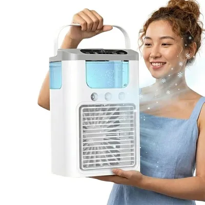 Produktbild von 3-in-1 Ventilator mit Farb-LED und Sprühkühlung, Tischventilator mit 600-ml-Wassertank, 3-stufige Nebelbefeuchtung, geeignet für Büro und Zuhause