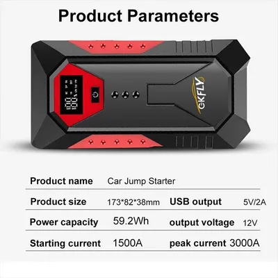 Produktbild von Starthilfe-Powerbank - Tragbares Auto-Starthilfegerät 12 V - 12000–18000 mAh - Spitzenstrom über 1200 A - 330 g - Rot