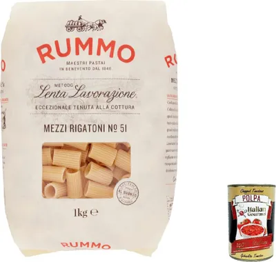 Produktbild von 12x Rummo Mezzi rigatoni N. 51 Hartweizengrieß Pasta Italienische Nudeln 1Kg Packung + Italian Gourmet Polpa di Pomodoro 400g Dose