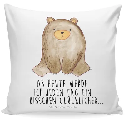 Produktbild von Mr. & Mrs. Panda flauschkissen Bär sitzend - Weiß - Geschenk, Kissen 40x40, Couchkissen, kuschelkissen, Teddybär, für sofa, Motivkissen, bedruckt