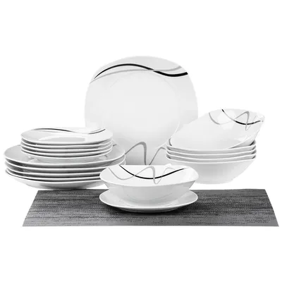 Produktbild von Prima Deco Fala Tafelservice 36-teilig für 12 Personen – Weiß/Grau, eckig, Teller & Schalen, spülmaschinen- und mikrowellengeeignet
