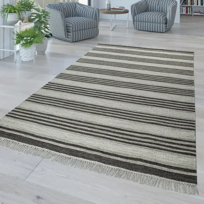 Produktbild von TT Home Handwebteppich Im Modernen Streifen Design Mit Fransen Hochwertige Grau Schwarz Größe 80x150 cm