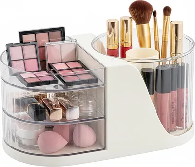 Produktbild von 2-in-1-Organizer: 360° drehbar + 2 Schubladen, multifunktionale weiße Box für Schlafzimmer, Badezimmer oder Schminktisch.