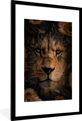Produktbild von MuchoWow® MuchoWow® Gerahmtes Poster Dschungel - Löwe - Pflanzen - Blumen 60x90 cm - Poster mit zchwarzem Bilderrahmen - Dekoration - Wandposter Wohnzimmer - Hochwertig