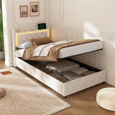 Produktbild von INONEFT Polsterbett 90x200 mit LED und USB,Einzelbett Boxspringbett mit Stauraum,Jugendbett mit Stauraum-Kopfteil, Hydraulisch Stauraumbett,Samt,Beige