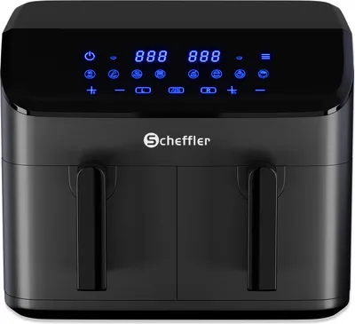Produktbild von Scheffler Doppel-Heißluftfritteuse 9L(2x4.5L), XXL Airfryer, 8 Programme, Heißluft Fritteuse ohne Fett Öl Dual Luftfritteuse Air Friteuse Schwarz