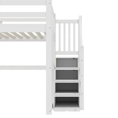 Produktbild von Flieks Etagenbett 140×200cm mit Treppe und Schreibtisch, Hochbett Jugendbett mit Lattenrost, Kinderbett mit Rausfallschutz, Massivholzbett, Weiß