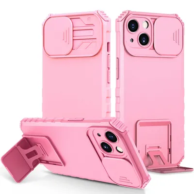 Produktbild von iPhone 13 Hülle, Dual Layer Ständer Schutzhülle mit Schiebe Kamera Schutz für iPhone 13 Pink