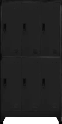 A black metal locker with six compartments, arranged in two columns and three rows.