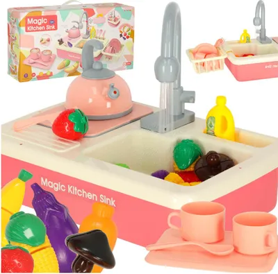 Produktbild von Küchenspüle zum Abwaschen für Kinder mit Zubehör Fließwasser Wasserkocher Induktionskochfeld XXL rosa