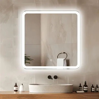 LED-Badspiegel 60×60 cm, Frontbeleuchtung, Touchschalter, dimmbar