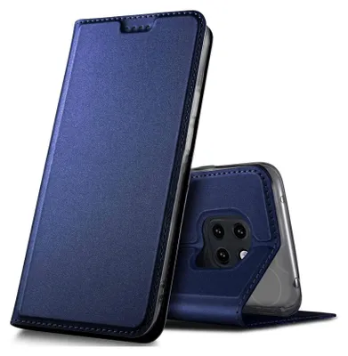 A blue flip case for a Huawei Mate 20 Pro phone is shown, with the phone inserted into the case.