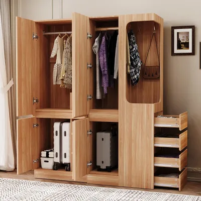 Produktbild von Kleiderschrank 140x40x170cm mit Schubladen und Staufächern, offener Kleiderbereich, Weiß/Holzfarbe, aus Kiefernholz, MDF und Sperrholz