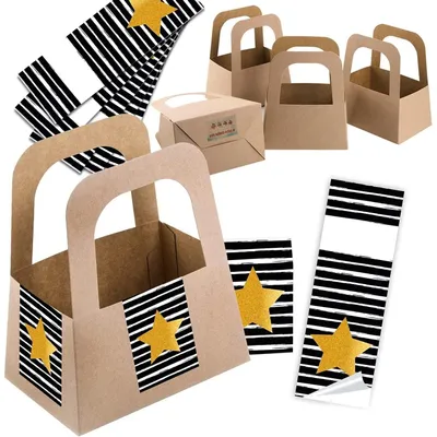 Produktbild von 5 Henkelkörbe braun 14,5 x 17,5 x 10 cm mit 10 Banderolen Stern schwarz-weiß-gold