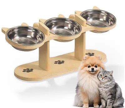 Produktbild von Futternapf Set Katze, 3-teilig, Edelstahl, 15° geneigt, mit Holzständer, für Katzen und kleine Hunde