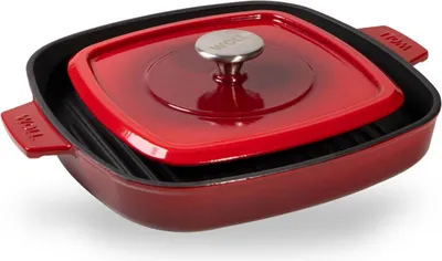 Produktbild von Woll "IRON" Steakpfanne mit Rillen, 28 x 28 cm, 4.5 cm hoch, Inkl. Steakpresse und Silikongriffe, Chili Red - Induktionsgeeignet