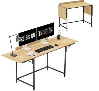 Produktbild von Klappbarer Schreibtisch, Computertisch mit 2 Ausziehplatten, viel Platz für Monitore, Metallbeine