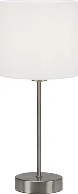 A white fabric lampshade on a brushed metal stand and base, isolated on a white background.