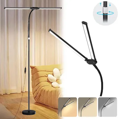 Image de Lampe sur pied Doppelkopf, lampe de lecture sur pied avec abat-jour en forme de col de cygne, 3 modes de couleur, intensité réglable, lampe sur pied réglable en hauteur (50–158 cm), noir