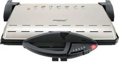 A silver and black electric grill is shown from a front-facing, slightly elevated angle against a white background.