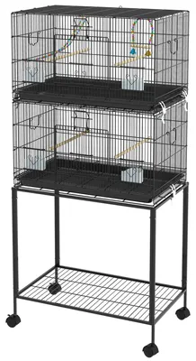 Produktbild von Vogelk?fig auf St?nder, Doppelvoliere mit Futtertr?gen, Sitzstangen, herausnehmbarer Schale, Ablage, Griff und Rollen, schwarz