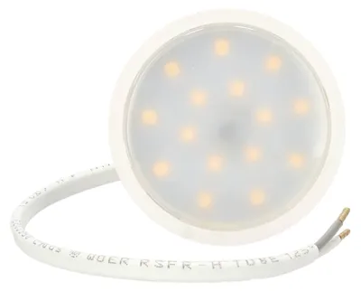 A close-up, studio shot of a round LED light fixture with a white casing and a translucent diffuser, showing multiple small yellow LED lights within. A white cable with exposed wire ends extends from the fixture.