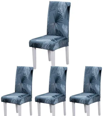 Produktbild von Ibenzoa® Stretch-Stuhlhussen 4er-Set für Esszimmerstühle, Blau (Sommerblatt), 92% Polyester / 8% Elasthan, Sitztiefe 38–49 cm, Rückenhöhe 46–55 cm