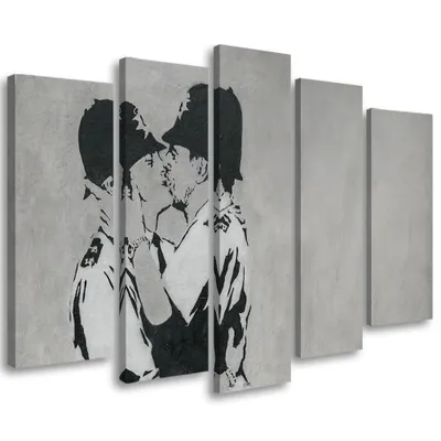 Produktbild von 5-teiliges leinwandbild banksy küssende polizisten 150x100 cm Feeby grau wandbild bereit zum aufhängen
