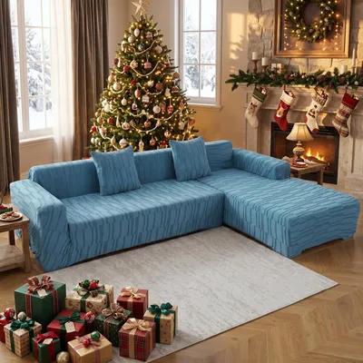 Produktbild von Dicker Jacquard Sofabezug 2-teiliges Set für L form Ecksofa, Stretch Sofahusse Universal Sofa Überzug mit 2 Stück Kissenbezug und Reinigungshandschuhe (L form-3 Sitzer + 4 Sitzer,Blau)