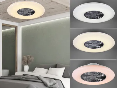A collage of a ceiling fan light in different color settings, and a bedroom scene with the light installed.