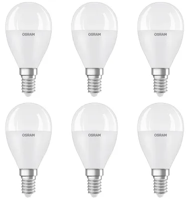 Image de 6 ampoules LED Osram en forme de goutte 7,5 W = 60 W, culot E14, finition mate, 806 lm, blanc chaud 2700 K, plastique recyclé