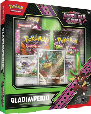 A product box for a Pokémon trading card game collection, featuring illustrations and card packs.
