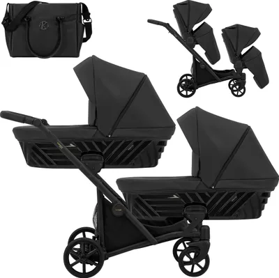 Produktbild von Kinderwagen IVENTO DUO 2 in 1 Komplettset Zwillingskinderwagen Geschwisterwagen Zwillingsbuggy Doppelkinderwagen (Black Pearl, Rahmenfarbe: schwarz)