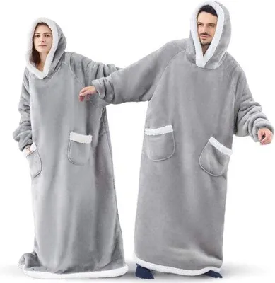 Produktbild von Unyqoos® Hoodie-Decke aus Sherpa-Fleece – Kapuzen‑Decke mit Ärmeln, Unisex TV-/Sofa‑Decke 150 cm, Grau, One Size, Daumenöffnungen & 2 Taschen