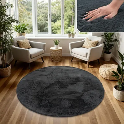 Produktbild von TT Home Hochflor Teppich Schlafzimmer Shaggy Kunstfell Flauschig Kaninchenfell Imitat Größe 200 cm Rund