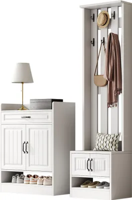 Produktbild von Merax Garderobenset 2-teilig, Wandgarderobe mit Schuhbank & Schuhschrank, 8 Haken, 4 Türen, 1 Schublade, Flurmöbel, 125×36×190 cm, Weiß