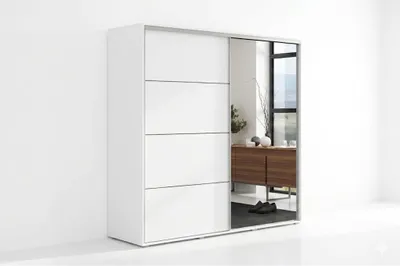 Produktbild von A12 Schlafzimmerschrank mit 2 Schiebetüren, Spiegel - Weiß - 125 x 62 x 245 cm