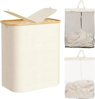 Image de Panier à linge Famanu avec couvercle, 140 litres, avec poignées, 2 sacs à linge amovibles, pliable, en bambou, couleur beige
