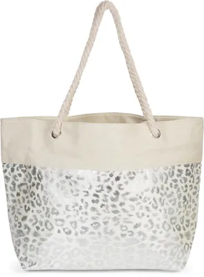 Produktbild von styleBREAKER Große Strandtasche mit Metallic Leo Print | Damen Shopper mit Kordelhenkel und Reißverschluss | Badetasche mit Animal Muster 58 x 38 x 20 cm
