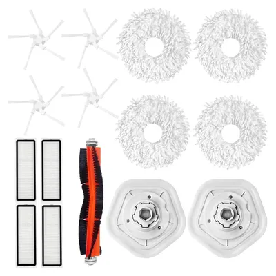 A collection of cleaning accessories for a robot vacuum cleaner, including brushes, filters, and mop pads, arranged on a white background.