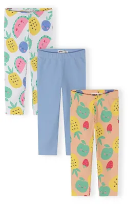 Produktbild von Minoti Mädchen Leggings 3er-Pack Baumwolle Capri Blau mit Fruchtprint - Kinder Leggings elastisch und bequem