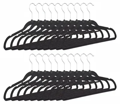Produktbild von 40 x Kleiderbügel schmal, rutschfest, Hosenbügel platzsparend, Samtbezug, 360° drehbarer Haken, HxB 22,5 x 41 cm, schwarz