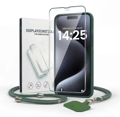 Produktbild von Handyhülle für Apple iPhone 15 Pro Max mit Handykette und 9H Displayglas Displayschutz Band Kordel Hülle Case Schutzhülle Grün