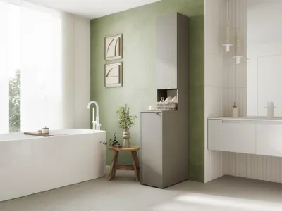 Produktbild von Badezimmerschrank LORA 210 x 33 x 56 cm hoch, Aufbewahrungsschrank mit Regalen, Hochschrank Badezimmer Grau
