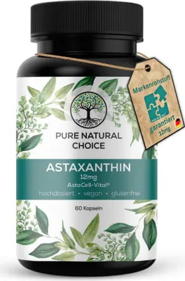 Produktbild von PURE NATURAL CHOICE ASTAXANTHIN | 12mg - Vegan - 4 Monatsvorrat -60 Kapseln - Premium Astaxanthin aus Algen - Vegan - hochdosiert Bioverfügbarkeit
