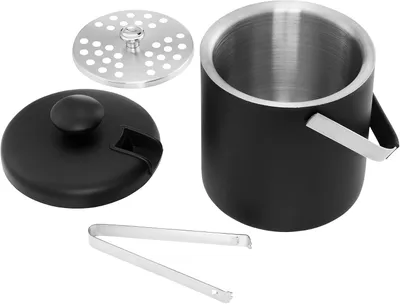 Produktbild von Eiswürfelbehälter aus Edelstahl in Schwarz mit Zange, Deckel und Sieb, 1,3 L
