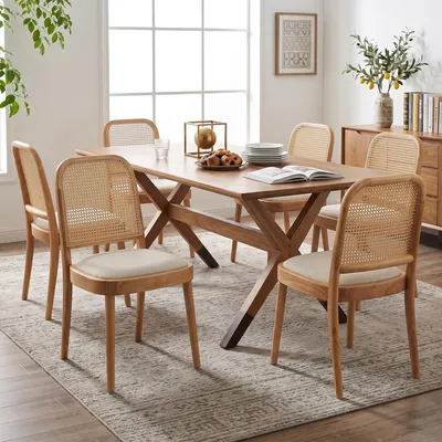 Produktbild von Flieks Esszimmerstühle 6er Set aus Massivholz mit Rattan-Rückenlehnen, Leinen, für Esszimmer, Wohnzimmer, Küchenstühle, Polsterstühle, Holzfarbe