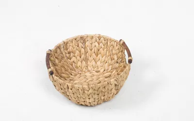 Produktbild von Korb-Schale PIA aus Wasserhyazinthe natur mit Holzgriff Ordnungshelfer Rund Aufbewahrung Obstschale Ordnungshelfer Dekoschale Regalaufbewahrung Aufbewahrungskorb Regalkorb