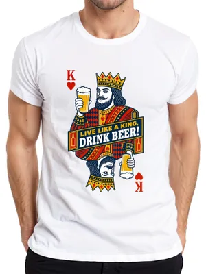 Obrázek produktu pro Tričko s potiskem "Žij jako král, pij pivo", motiv: karta "král", pivo, pánské tričko, bílá barva, velikost XXL
